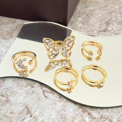 HUASAI Gold Stackable Rings Set for Women Boho Dainty Moon Star Pearl Leaf Cubic Zirconia Heart Midi Pinky Trendy Jewelry Birthday Gifts - color: Y Gold Butterfly Rings 5 Pcs