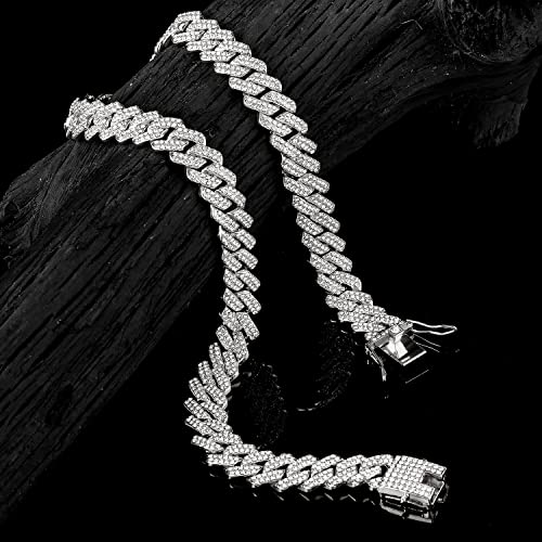 JUNVirtuous 2 Pieces Cuban Link Chain Mens Iced Out Miami Cuban Necklace and Bracelet Silver Bling Diamond Hip Hop Jewelry for Men and Women… - color: Silver, style: 8" Bracelet and 18" Necklace