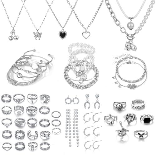 17IF 53 PCS(8 PACK) Silver Plated Jewelry Set for Women，4 Styles | with 6 Necklace 11 Ankle Bracelet 30 Kunckle Ring 6 Pair Earring Hoop Vintage Boho Pearl Birthday Travel Holiday - style: Vintage