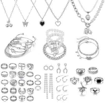 17IF 53 PCS(8 PACK) Silver Plated Jewelry Set for Women，4 Styles | with 6 Necklace 11 Ankle Bracelet 30 Kunckle Ring 6 Pair Earring Hoop Vintage Boho Pearl Birthday Travel Holiday - style: Vintage