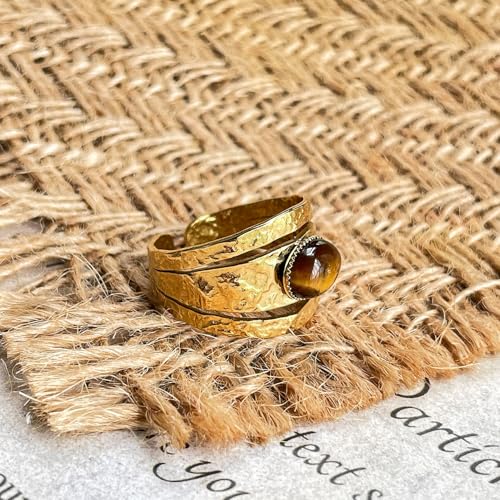 Western Captivating Tiger's Eye Stone Ring,Solitaire 8 * 10mm Oval Cut Gemstone 18K Gold Plated Stack 13mm Wide Ribbed Texture Band Statement Ring for Women - style: Tiger's Eye S