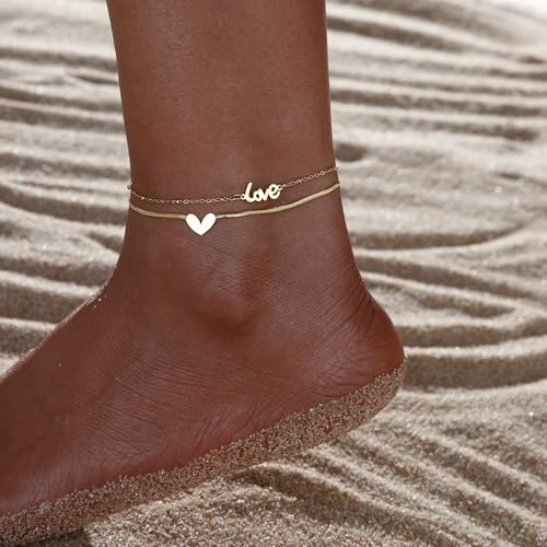 Dainty Gold Anklets for Women Stainless Steel Simple Ankle Bracelets Summer Beach Foot Chain Jewelry Gift - color: Double-layer Love Heart
