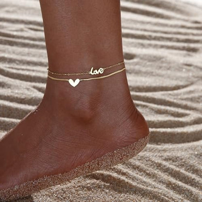 Dainty Gold Anklets for Women Stainless Steel Simple Ankle Bracelets Summer Beach Foot Chain Jewelry Gift - color: Double-layer Love Heart