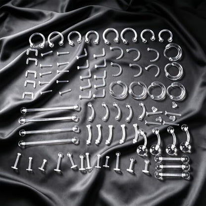 82-Pack Clear Piercing Retainer Bioflex Plastic Body Jewelry | for Nose Eyebrow Lip Septum Ear Navel Tongue Discreet Industrial Piercing Invisible Earrings for Surgery Sports