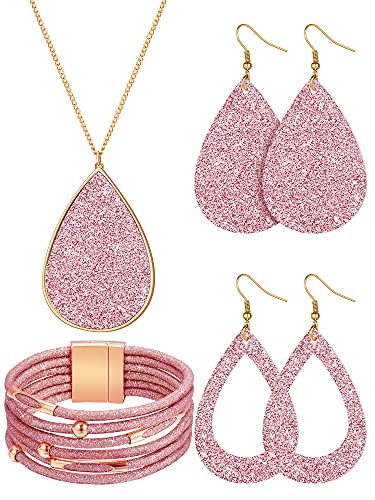 Hicarer 4 Pcs Jewelry Sets for Women Glitter Necklace and Earring Set Multi Layer Bracelet Costume Jewelry Sets for Bridal Shower Wedding - color: Pink