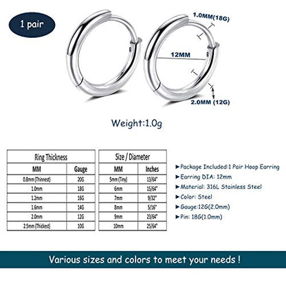 Black Hoop Earrings for Men 8mm 10mm 12mm – Surgical Stainless Steel Hypoallergenic Mens Small to Medium Hoop Earrings Set (3 Pairs) - style: J:1pair,size:12mm,color:steel