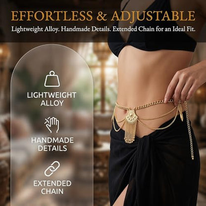 BRBASAP 2 PCS Belly Dancer Waist Chain Vintage Layered Gold Silver Tone Body Jewelry Egyptian Beaded Belt for Women Dancing Beach Bikini Dress Accessories