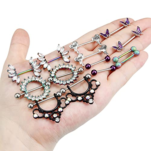 Cisyozi Butterfly Nipple Rings 14G Nipple Piercing Jewelry Stainless Steel Nipple Tongue Ring Barbell Piercing Jewelry for Women 14mm Silver Black Purple Rose Gold 7Pairs - color: 14G(1.6mm) Mix Color Set
