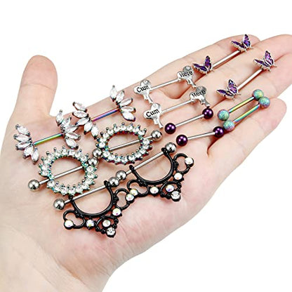 Cisyozi Butterfly Nipple Rings 14G Nipple Piercing Jewelry Stainless Steel Nipple Tongue Ring Barbell Piercing Jewelry for Women 14mm Silver Black Purple Rose Gold 7Pairs - color: 14G(1.6mm) Mix Color Set