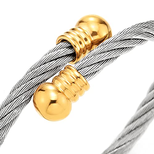 COOLSTEELANDBEYOND Elastic Adjustable Steel Twisted Cable Cuff Bangle Bracelet for Mens for Women - color: G-Metal Color: Silver & Gold-02