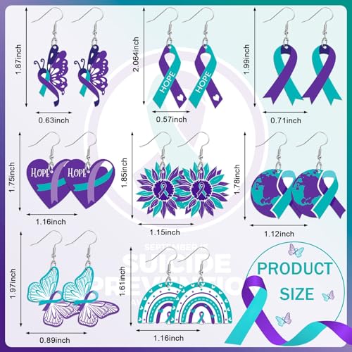 8 Pairs Suicide Prevention Awareness Acrylic Earrings for Women | Teal Purple Ribbon Dangle Earrings, Suicide Prevention Publicity Activities, Lightweight Acrylic, Double Side - style: Suicide Prevention Awareness