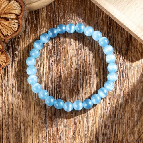 8mm Beaded Bracelets for Women, Natural Crystal Gemstone Energy Bracelets - color: Blue Cat's Eye