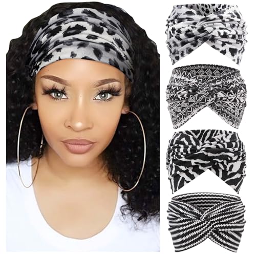 DRESHOW 4 Pack Turban Headbands for Women Wide Vintage Head Wraps Knotted Cute Hair Band Accessories - color: 4 Pcs Twist Headbands: Zebra, Leopard, Tribal, Stripe