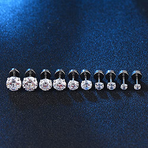 Surgical Stainless Steel Stud Earrings Hoop Earrings for Women Men 14K Gold Plated Hypoallergenic Cartilage Earrings Flat Back CZ Earrings Set Dainty Multiple Piercing Pack of 8 Pairs - color: Flat back (Silver)