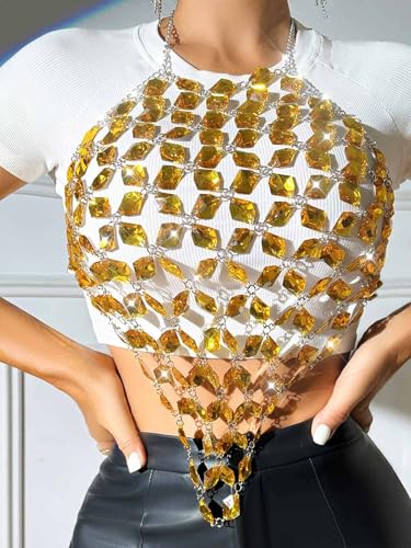Aukmla Crystal Bra Body Chain Top Silver Rhinestones Halter Crop Tops Beach Bikini Chest Chains Body Jewelry for Women - style: Gold