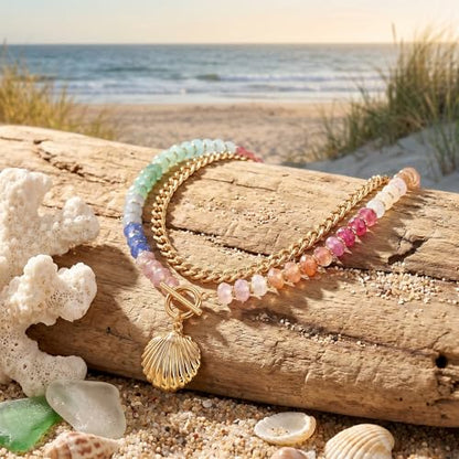 Colorful Acrylic Beaded Necklace For Women, Boho Double Layer Rainbow Beads Thick Cuban Chain Chunky Heart Pendant Statement Choker Summer Beach Jewelry Gift - color: Colorful Gold CZ Shell