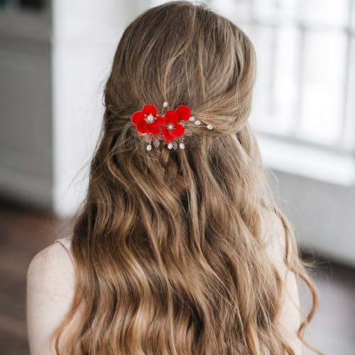 Bridal Flower Hair Clips, Crystal Hair Pins Pearl Rhinestone Hair Barrettes, Wedding Hair Pieces Pearl Headpieces Hair Accessories for Women Girls - color: Light Red