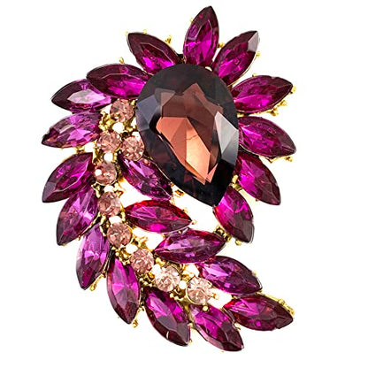 SELOVO Marquise Shape Rhinestone Red Leaf Costume Brooch Pin Jewelry Antiqued Gold Tone - color: Purple