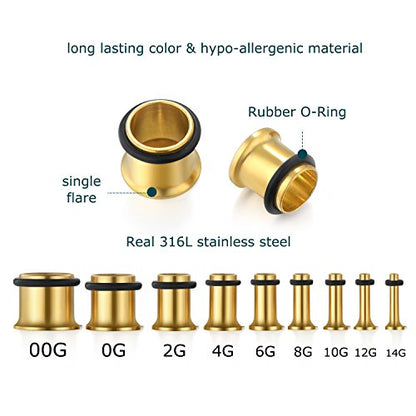 vcmart 14G-00G 36 pcs Ear Gauges Stretching Kit Tapers Plugs Eyelets Implant Grade Steel - color: Gold