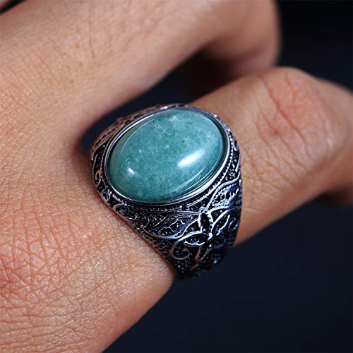 Retro Unisex Stainless Steel Oval Gemstone Hollow Flower Carved Signet Ring - color: Silver-Turquoise