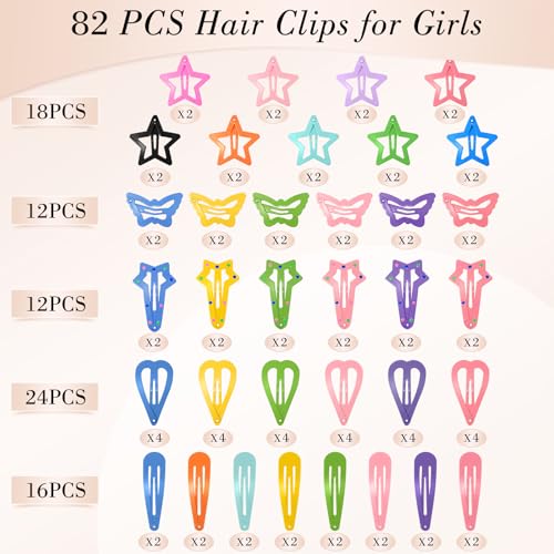 obeoby 82Pcs Colorful Snap Hair Clips for Girls Toddler kid Small Barrettes | Metal 5 Shapes Heart Star Butterfly Hair Pins, Cute Accessories for Baby Girl Toddler Kids, Birthday Back To School Gifts