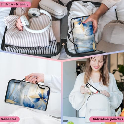Blue Gold Leave Hanging Roll Up Cosmetic Bag with 4 Removable Storage Bags Waterproof Foldable Toiletry Kit for Women - color: Multicolor 1