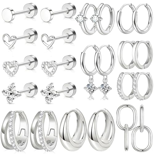 Nunpag 9 Pairs 14K Gold Plated Chunky Huggie Hoop Earrings Set for Women Hypoallergenic Stainless Steel Lightweight Small Earring Stacks for Multiple Piercings Non Tarnish Jewelry Gift Twisted 8-12mm - color: 12Pairs-Silver