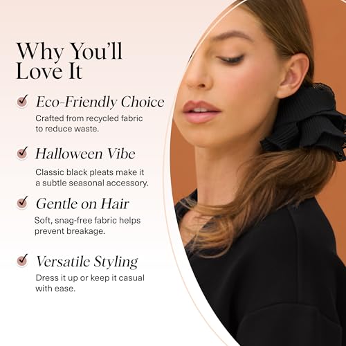 Kitsch Pleated Scrunchie for Women - 1pc | No Crease Hair Ties No Damage, Stylish and Comfortable Fabric Ponytail Holders for Everyday Hairstyles & Spooky Season Looks - color: Black (1pc)