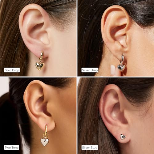 Ana Luisa Puffed Heart Earrings - Heart Charm Huggie Hoops and Earring Stud Styles - Dainty 14K Gold Plated, Silver Rhodium Plated & Mixed Metal Silver & Gold Earrings - Hypoallergenic Water-Resistant - color: Gold Drop