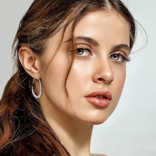 Teardrop Hoop Earrings for Women Gold Silver Plated Hypoallergenic Oval Pull Through Hoop Earrings Jewelry Gift - color: Silver