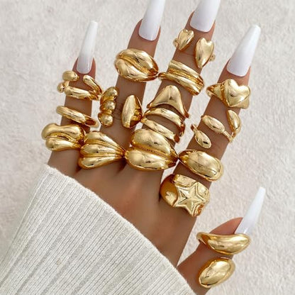 17IF 16 Pcs Chunky Gold Rings Set for Women, 14K Gold Plated | Classic Thick Adjustable Rings, Stackable Midi Finger Womens Stack Ring Pack for Jewelry Gifts - style: Golden-C