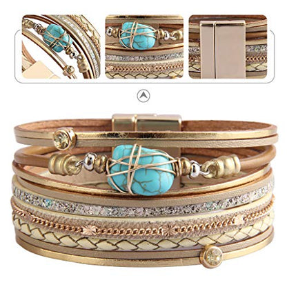 GelConnie Leather Wrap Bracelet Boho Cuff Bracelets Crystal Leather Bracelet Magnetic Multi Strand Bracelets Bohemian Bracelet Leather Wristbands Bangle Jewelry for Women Teen Wife Mother - color: Turquoise Leather Bracelet