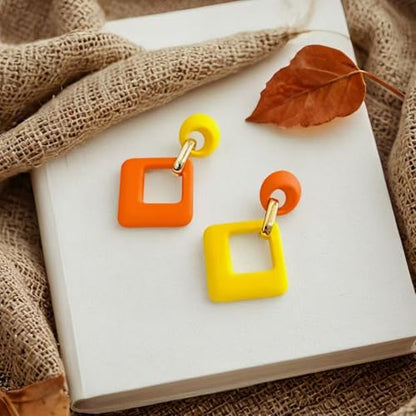 70s 80s Vintage Resin Neon Square Dangle Drop Earrings Simplicity Acrylic Hollow Round Circle Geometry Stud Earrings for Women - style: Yellow Orange