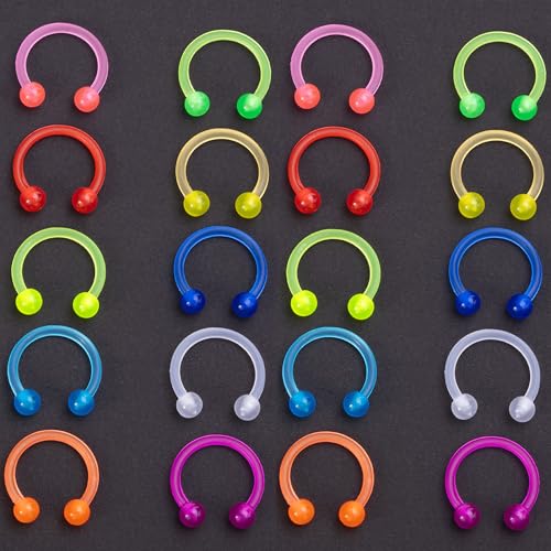 20Pcs 16G Glow in the Dark Horseshoe Nose Septum Ring for Women and Men | Eyebrow Lip Ring Septum Retainer Acrylic Flexible Circular Barbell Piercing Jewelry