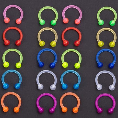 20Pcs 16G Glow in the Dark Horseshoe Nose Septum Ring for Women and Men | Eyebrow Lip Ring Septum Retainer Acrylic Flexible Circular Barbell Piercing Jewelry