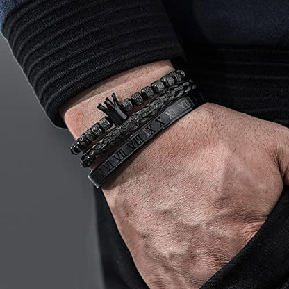 WFYOU 3PCS Stainless Steel Imperial Crown Bracelets for Men Gold Roman Numeral Bangle Bracelet Adjustable Cuff Bracelet Mens Luxury Jewelry Gifts - style: 10:Black- Crown