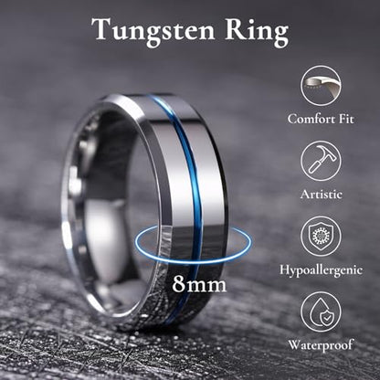 King Will Mens Tungsten Rings for Men Two Tone Grooved Mens Wedding Band Cool - color: Silver & Blue 8mm