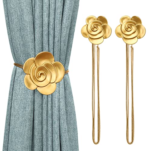 Lewondr Magnetic Curtain Tiebacks, Flower Vintage Curtain Holdbacks, Gold | 1 Pair, Resin Curtain Ties with Rope Drapery Retro Window Curtain Decorative Buckle Holder for Outdoor, Home, Cafe Balcony - color: Gold Camellia, size: 2 Pieces