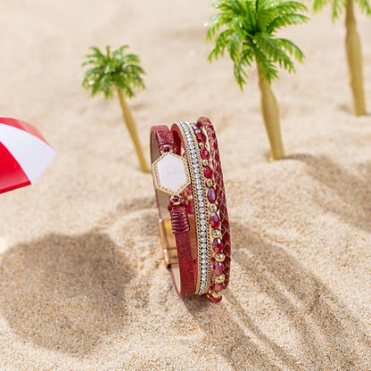 FANCY SHINY Crystal Beaded Leather Wrap Bracelet Stackable Boho Jewelry for Women Resin Stone Bangle Cuff with Magnetic Clasp - color: Burgundy