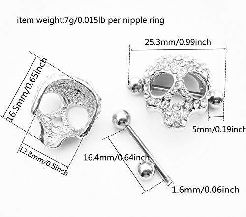 Nipple Rings for Women Stainless Steel Nipple Piercings 3D Skull Nipple Jewelry a Pair - color: silver
