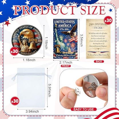 Kenning 30 Set 250th Anniversary Coin Gifts, 3D USA Enamel Pins with Greeting Cards for Patriot's Day 4th of July Celebration