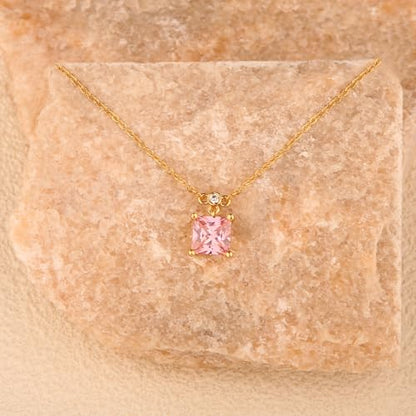18K Gold-Plated Non Tarnish Birthstone Necklace for Women, 5A Princess Cut Cubic Zirconia Pendant, Birthday Anniversary Valentine's Gift, 18-20 Inches - color: 10-Oct-Pink