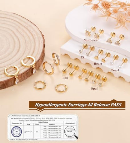 MJust 18 Pairs Earrings Set – Flat Back Stud Hypoallergenic 20G Steel stud | 18 Pairs Flat Back Earrings Set – Hypoallergenic 316L Steel Studs for Cartilage & Lobe Piercings - color: Golden-11P