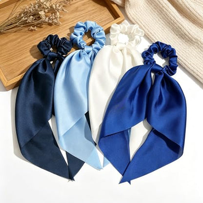 4 Pcs Blue Bow Hair Ties Set, Ribbon Scrunchies Hair Scarf for Women Girls, Cute Bow Scrunchies Hair Accessories, No Damage Hair Ties for Thick/Thin Hair - color: Blue&White Set