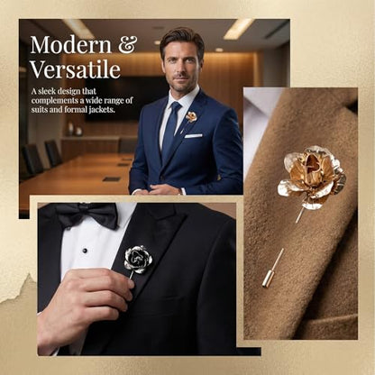 2Pcs Suite Flower Pin Flower Lapel Pin for Men Rose Pins for Suits Silver and Gold Lapels Set Metal Suit Accessory Men's Fashion Brooch Formal Wedding Tuxedo Pins for Men's