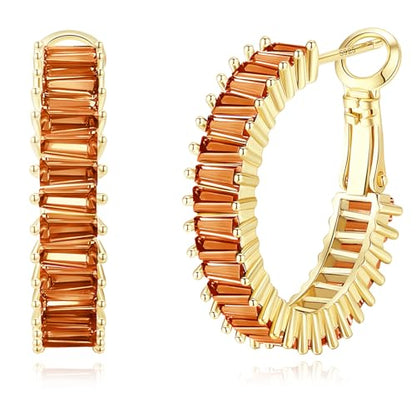 Trendy 14K Gold Plated Hoop Earrings for Women, Chunky Gold/Silver Earrings for Women Cubic Zirconia Baguette Hoop Earrings Heart Hoops Lightweight Hypoallergenic Jewelry,25mm/35mm/40mm/50mm - color: 01 Gold Burnt Orange Hoops 25mm