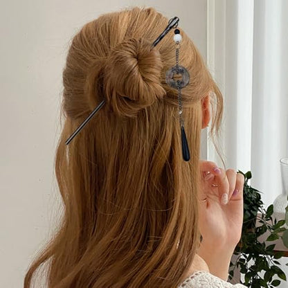 6PCS Chinese Hair Sticks Set, Black Japanese Hair Stick with Pearl Flower Butterfly Design Metal Hair Chopsticks Hair Bun Updo Holders Long Thick Hair Accessories for Women - color: 6pcs Black