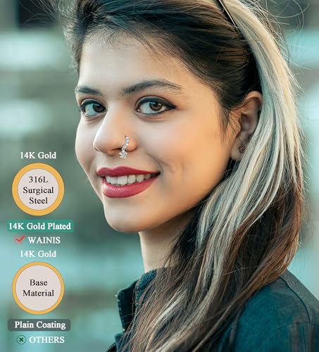 WAINIS 30Pcs 20G Dangle Nose Ring for Women 14K Golden Silver Plated | L Shaped Dangling Nose Stud,Surgical Steel Nose Ring Studs,Dainty Flower Heart Moon Star Dangle Rings Hoops Nose Piercing - color: silver1