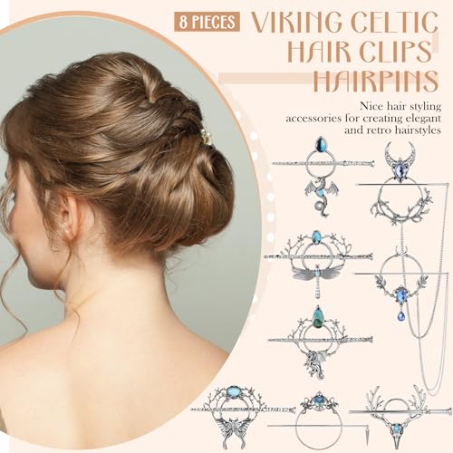 WILLBOND 8 Pcs Viking Celtic Hair Clips Vintage Celtic Knot Hair Slide Sticks Retro Silver Alloy Barrette Hairpins Viking Jewelry Accessories for Women Girls Scarf Sweater Gifts(Gemstone) - style: Gemstone