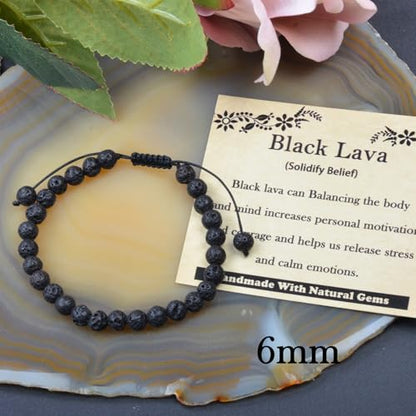 468Handmade Adjustable Natural Gemstone Crystal Bracelet Healing Power Energy Inspirational Gifts with Card for Unisex - color: 06-Black Lava(Solidify Belief), size: 6mm